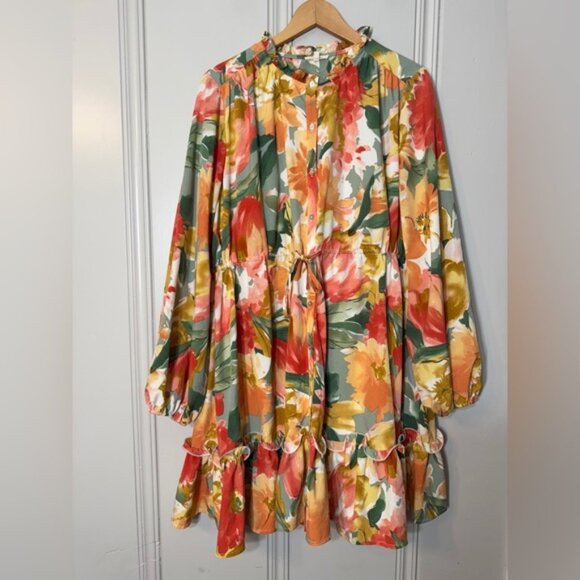 Jodifl Floral Watercolor Blooms Dress Long Sleeves Ruffle Boho Poet Size Large - Picture 1 of 16